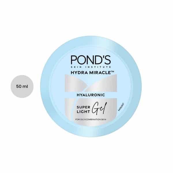 Pond's Hydra Miracle Hyaluronic Super Light Gel 50ml light blue round jar for oily skin.