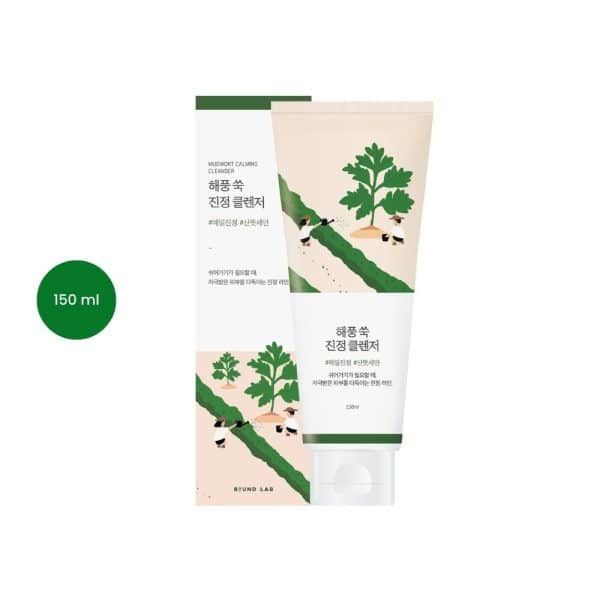 Round Lab Mugwort Calming Cleanser 150ml tube and box with mugwort plant illustrations.