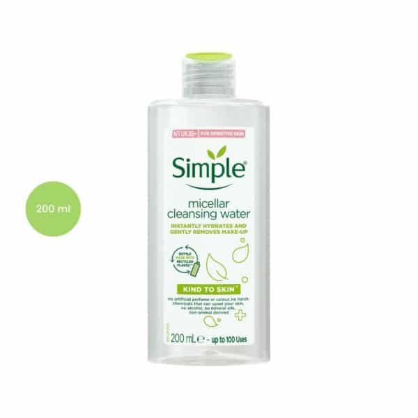 Simple Micellar Cleansing Water 200ml clear bottle with green text and flip-top cap.