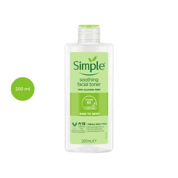 Simple Kind To Skin Soothing Facial Toner 200ml clear bottle with green labeling.