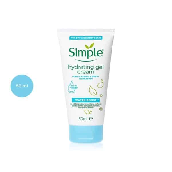 Simple Water Boost Hydrating Gel Cream 150ml clear tube with green and blue accents.