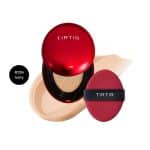 TIRTIR Mask Fit Red Cushion foundation #21N Ivory with puff applicator and makeup swatch.
