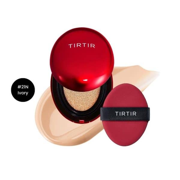 TIRTIR Mask Fit Red Cushion foundation #21N Ivory with puff applicator and makeup swatch.