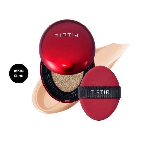 TIRTIR Mask Fit Red Cushion foundation #23N Sand with puff applicator and makeup swatch.