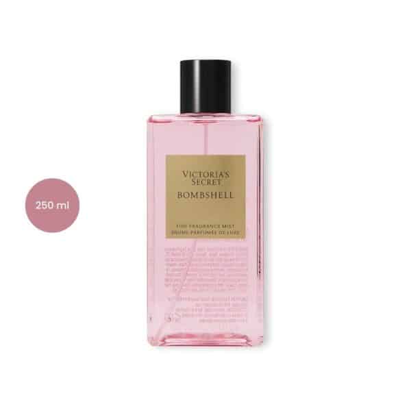 Victoria's Secret Bombshell Fine Fragrance Mist 250ml bottle with pink liquid and gold label.