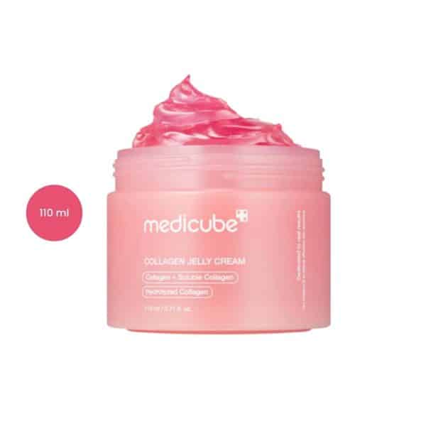An open pink jar of Medicube Collagen Jelly Cream filled with a thick, glossy pink gel.