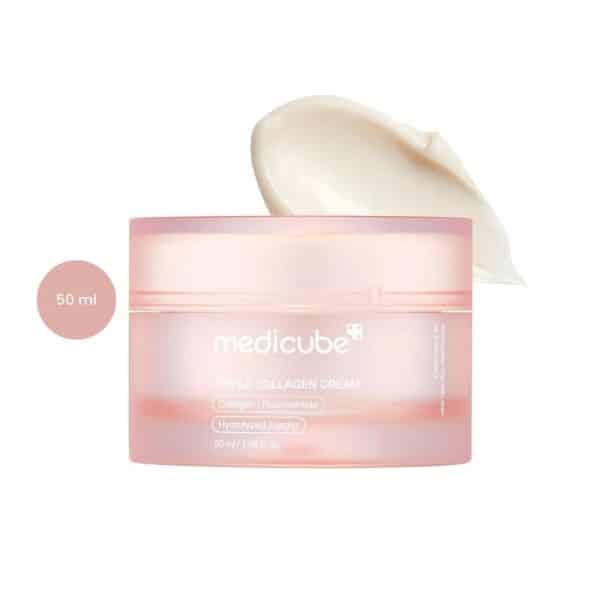 Medicube Triple Collagen Cream 50ml pink jar with a smear of white cream shown above.