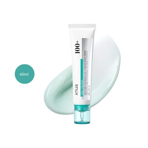 Anua PDRN Hyaluronic 100 Moisturizing Cream in a 60ml white tube with teal pump.