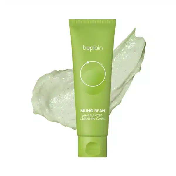 Beplain Mung Bean pH-Balanced Cleansing Foam green tube on a light green foam backdrop.