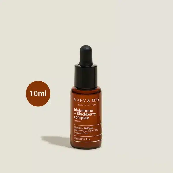 Mary & May Idebenone + Blackberry Complex Serum 10ml amber dropper bottle with black cap.