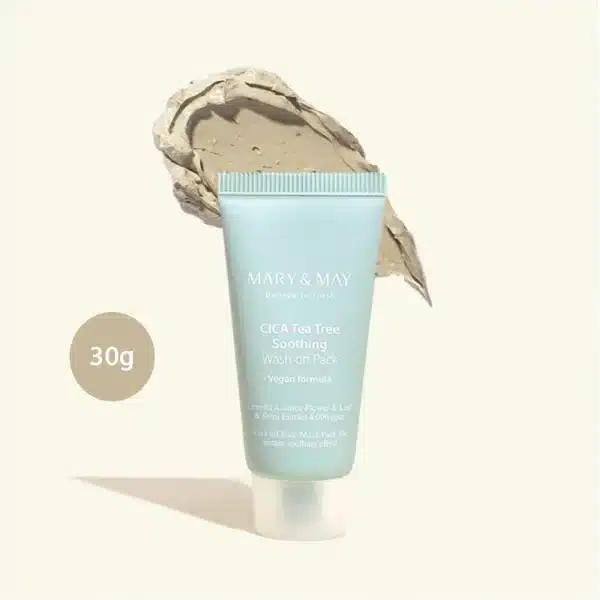Mary & May CICA Tea Tree Soothing Wash Off Pack 30g blue tube with textured clay smear.