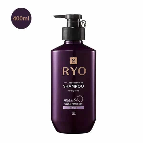RYO Hair Loss Expert Care Shampoo for oily scalp 400ml dark purple bottle with a black pump.