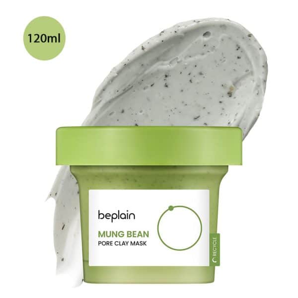 beplain Mung Bean Pore Clay Mask 120ml green jar with a textured grey clay smear.