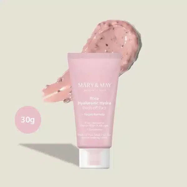 Mary & May Rose Hyaluronic Hydra Wash Off Pack 30g pink tube with textured clay smear.