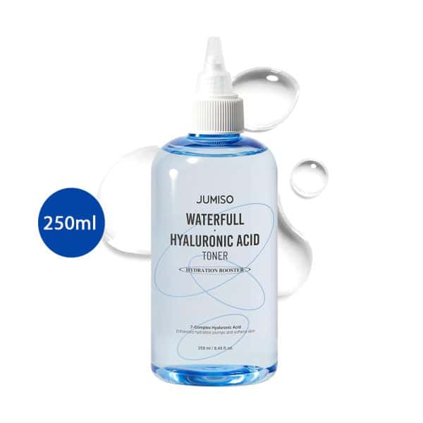 Jumiso Waterfull Hyaluronic Acid Toner 250ml bottle with clear liquid splashes.