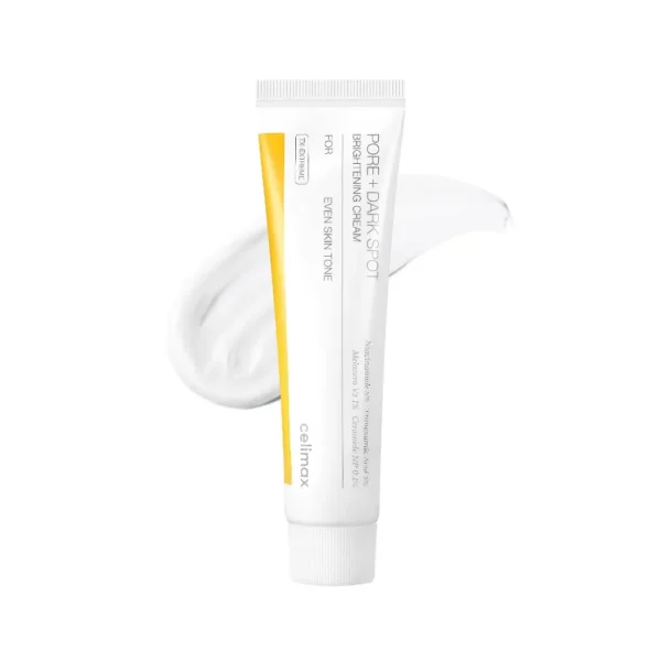 celimax Pore Dark Spot Brightening Cream white squeeze tube with yellow accent stripe.