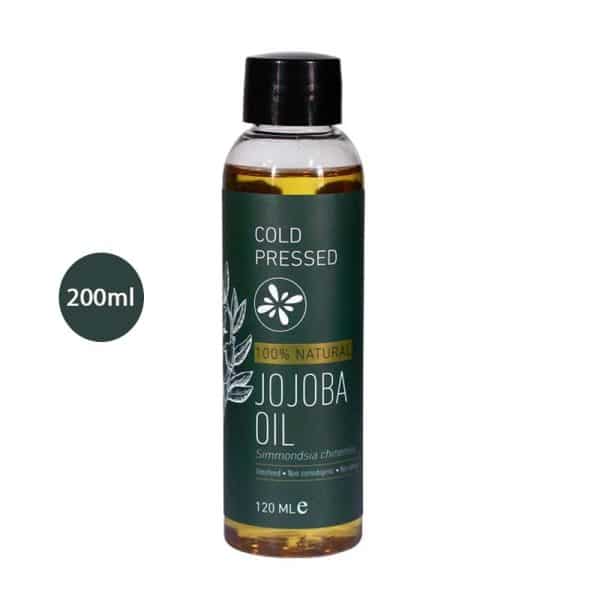 100% Natural Cold Pressed Jojoba Oil 120ml clear bottle with green label and black cap.