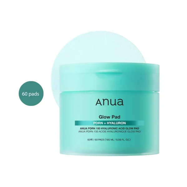 Anua PDRN 100 Hyaluronic Glow Pad in a 60-count teal jar with one pad shown.