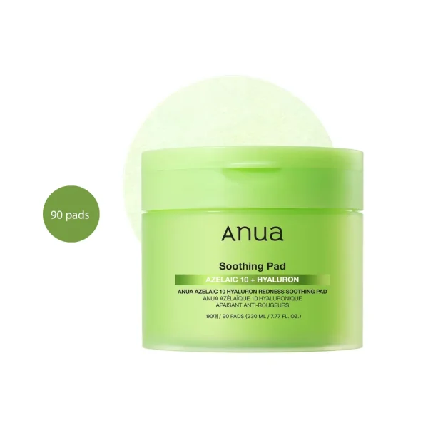 Anua Azelaic 10 Hyaluron Redness Soothing Pad in a lime green 90-count jar.