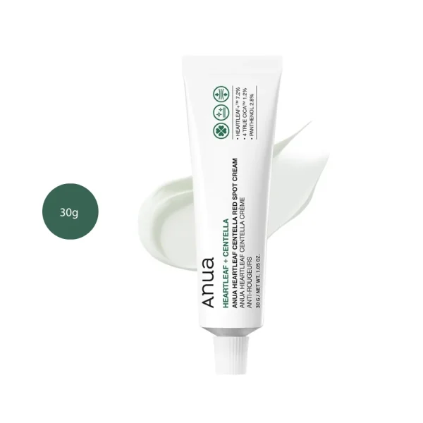Anua Heartleaf Centella Red Spot Cream in a 30g white tube with green text and cream design.