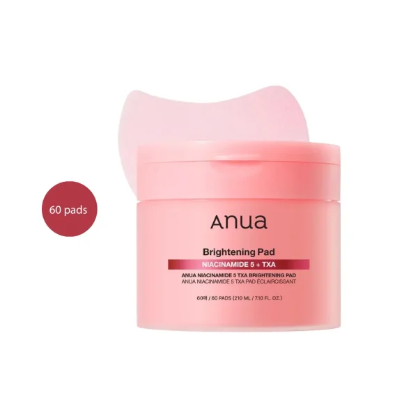 Anua Niacinamide 5 + TXA Brightening Pad in a 60-count pink jar with one pad shown.