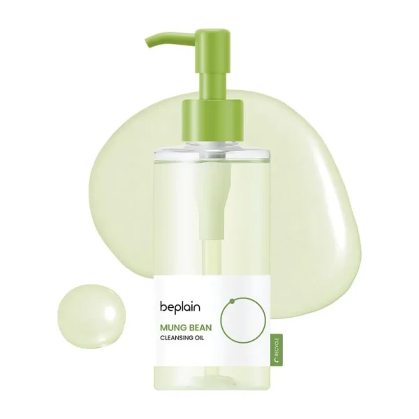 Beplain Mung Bean Cleansing Oil pump bottle on a light green oil backdrop.