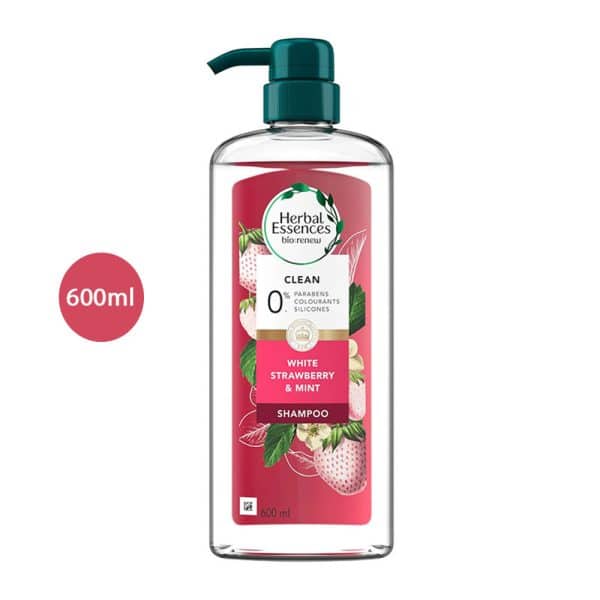 Herbal Essences White Strawberry & Mint Shampoo 600ml pump bottle with pink floral label.
