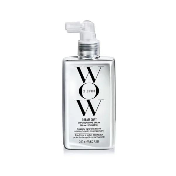COLOR WOW Dream Coat Supernatural Spray metallic silver spray bottle with a clear pump nozzle.