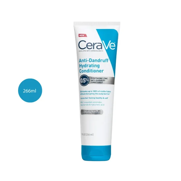 CeraVe Anti-Dandruff Hydrating Conditioner 266ml white tube with blue accents and cap.