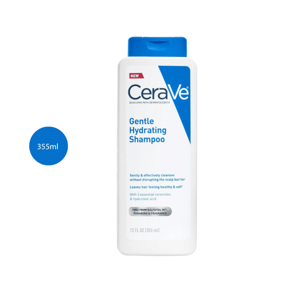 CeraVe Gentle Hydrating Shampoo 355ml white bottle with dark blue label and cap.