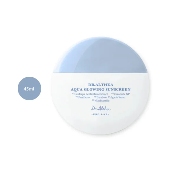 Dr. Althea Aqua Glowing Sunscreen in a 45ml round white bottle with a light blue cap.