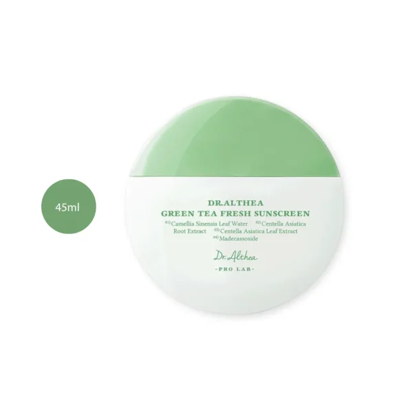 Dr. Althea Green Tea Fresh Sunscreen in a 45ml round white bottle with a light green cap.