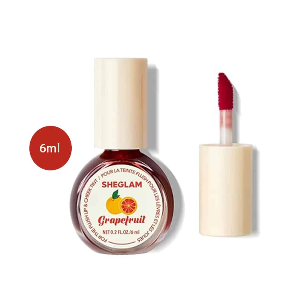 SHEGLAM For The Flush Lip & Cheek Tint Grapefruit 6ml bottle with applicator brush.