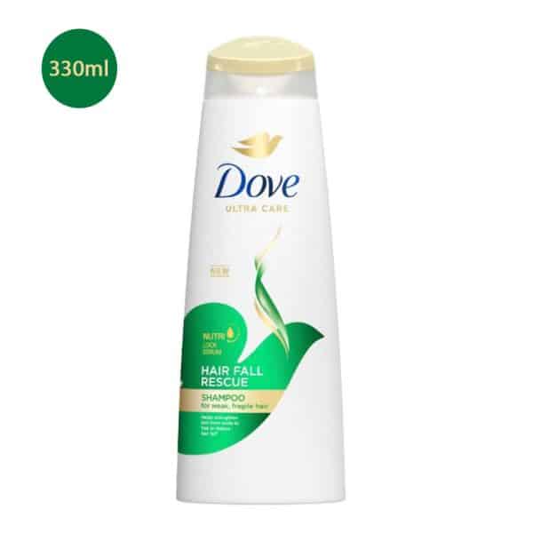 Dove Hair Fall Rescue Shampoo 330ml white bottle with green and gold accents and a beige cap.