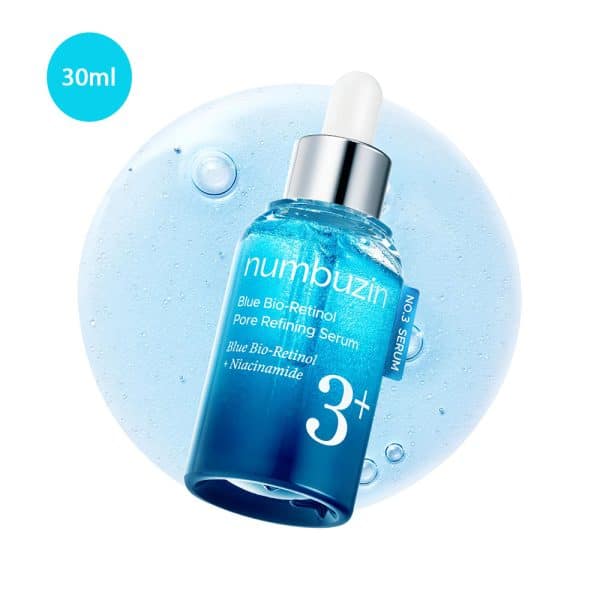 Numbuzin No. 3 Blue Bio-Retinol Pore Serum 30ml bottle with a blue serum smear.