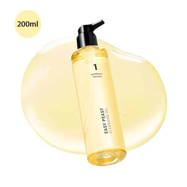Numbuzin No. 1 Easy Peasy Cleansing Oil 200ml bottle with black pump and yellow oil smear.