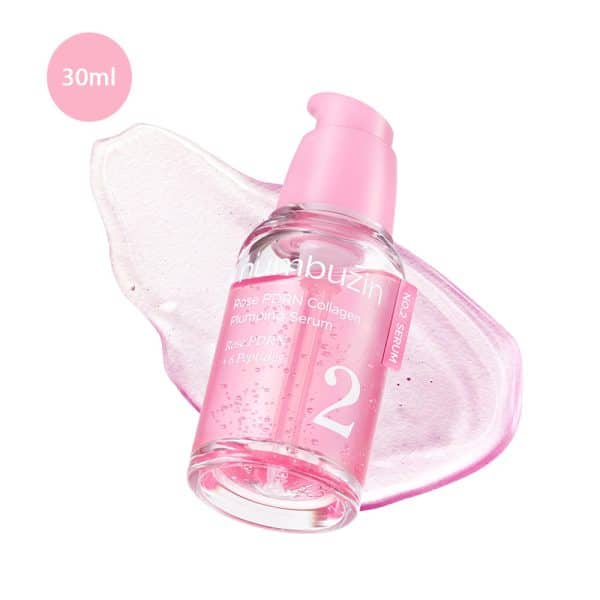 Numbuzin No. 2 Rose PDRN Collagen Serum 30ml pump bottle with pink liquid and gel smear.