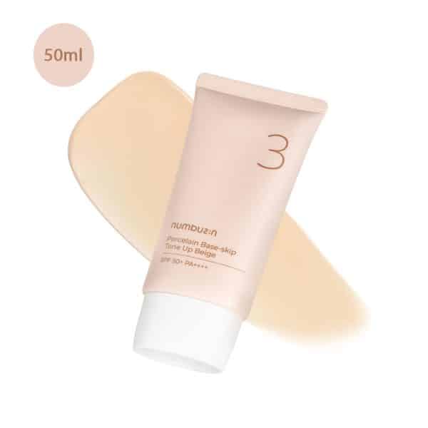 Numbuzin No. 3 Porcelain Tone Up Beige 50ml tube with a beige cream smear.
