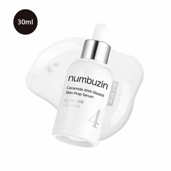 Numbuzin No. 4 Ceramide AHA Skin Prep Serum 30ml bottle with a clear serum smear.