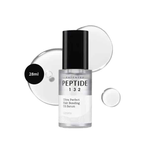 COSRX Peptide 132 Ultra Perfect Hair Bonding Oil Serum 28ml bottle with black cap and oil droplets.