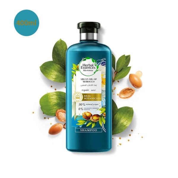 Herbal Essences Argan Oil of Morocco 400ml shampoo bottle with argan nuts and leaves.
