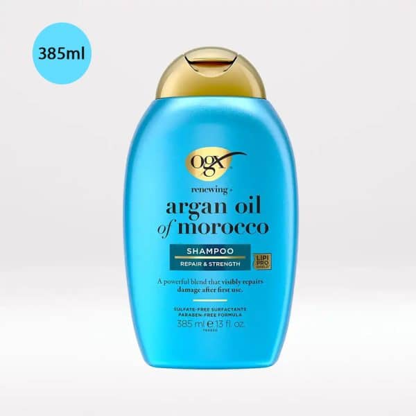 OGX Renewing + Argan Oil of Morocco Shampoo 385ml bright blue bottle with a gold cap.