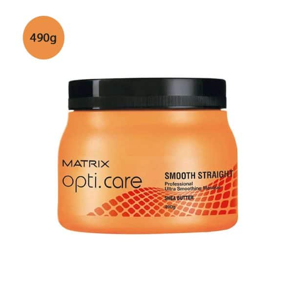 Matrix Opti.Care Smooth Straight Masque 490g orange jar with black lid.
