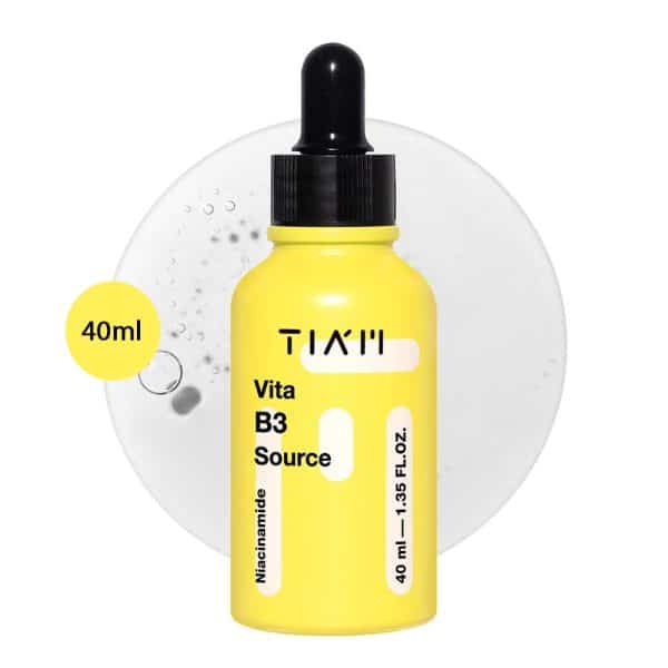 TIAM Vita B3 Source 40ml yellow bottle with a black dropper cap and clear gel splash background.