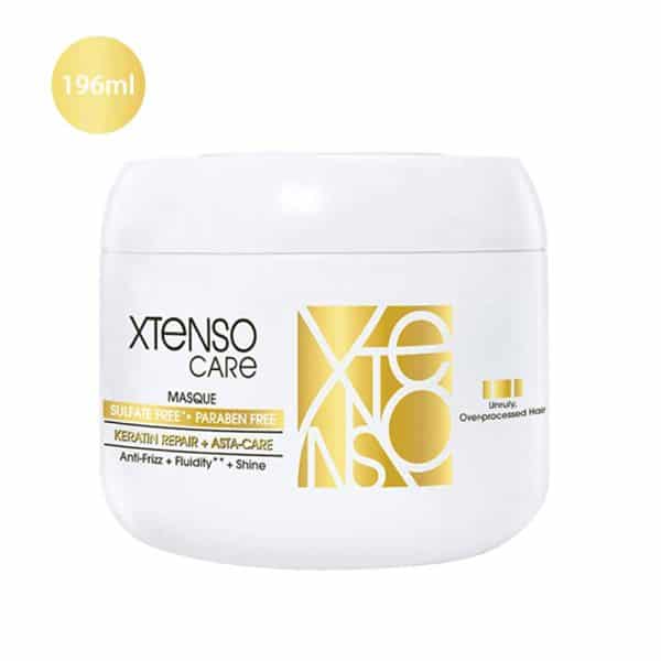 L'Oréal Xtenso Care Masque 196ml white jar with gold branding for unruly hair.