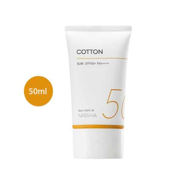 Missha Cotton Sun SPF50+ PA++++ 50ml white tube with orange stripe and large "50" text.