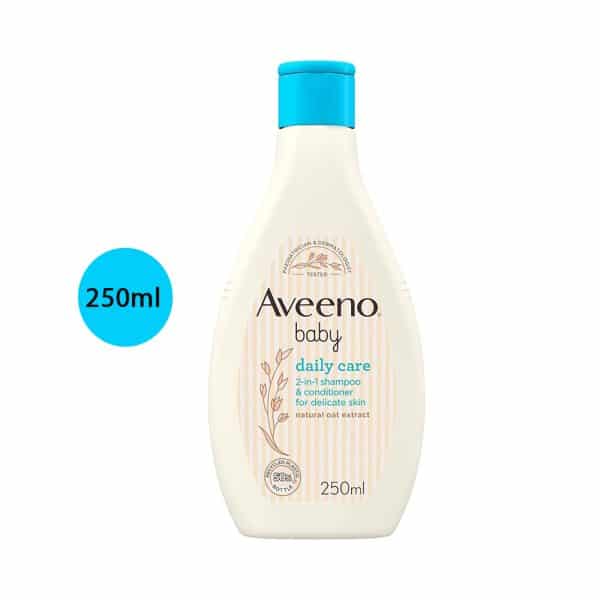 Aveeno Baby Daily Care 2-in-1 Shampoo & Conditioner 250ml cream bottle with bright blue cap.