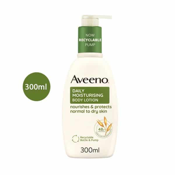 Aveeno Daily Moisturising Body Lotion 300ml white bottle with a green pump collar.