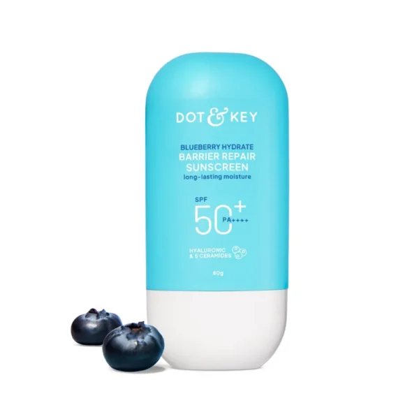 DOT & KEY Blueberry Hydrate Barrier Repair Sunscreen blue bottle with white cap.