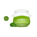 DOT & KEY CICA Calming Skin Renewing Night Gel 60ml green jar next to cica leaves.